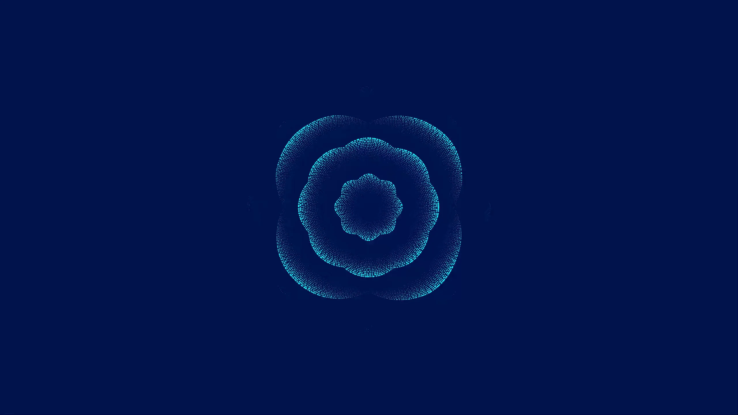 Animated particle artwork: rings of cyan dots ripple outward from the centre of a navy field and change shape.